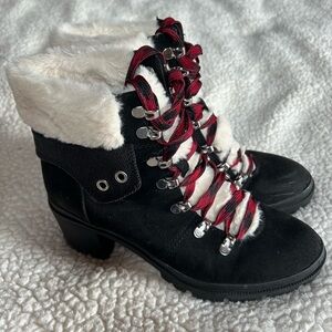 Women's Black and Red Lace-Up Fur Heeled Boots